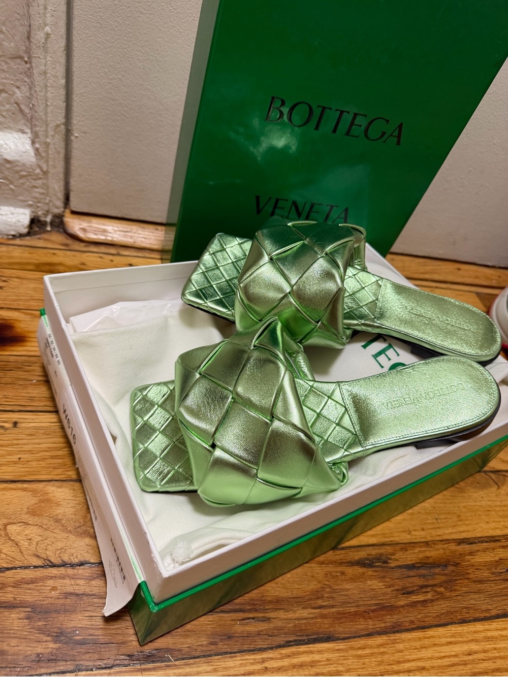 Bottega Veneta Metallic Mint Intrecciato Slide Sandals